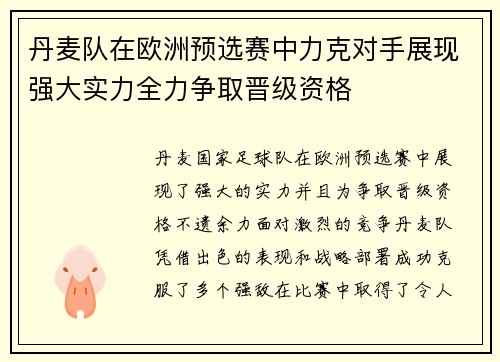丹麦队在欧洲预选赛中力克对手展现强大实力全力争取晋级资格