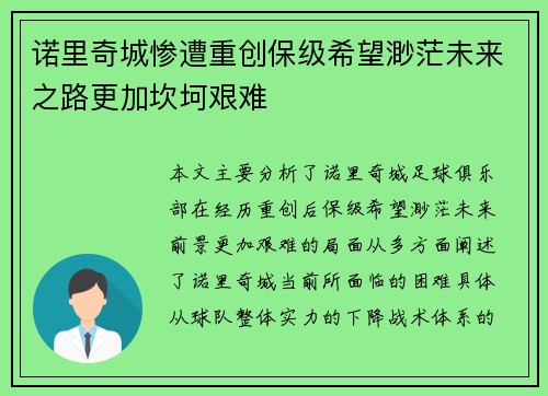 诺里奇城惨遭重创保级希望渺茫未来之路更加坎坷艰难 诺里奇城惨遭重创保级希望渺茫未来之路更加坎坷艰难