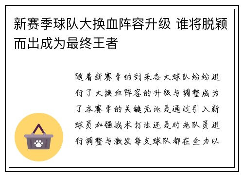 新赛季球队大换血阵容升级 谁将脱颖而出成为最终王者